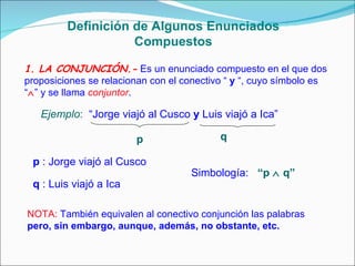 1. LA CONJUNCIÓN.-   Es un enunciado compuesto en el que dos proposiciones se relacionan con el conectivo “  y  “, cuyo símbolo es  “  ” y se llama  conjuntor . Ejemplo :   “Jorge viajó al Cusco  y  Luis viajó a Ica” p q p  : Jorge viajó al Cusco   q  : Luis viajó a Ica   Simbología:  “p     q”   NOTA:  También equivalen al conectivo conjunción las palabras  pero, sin embargo, aunque, además, no obstante, etc. Definición de Algunos Enunciados Compuestos 