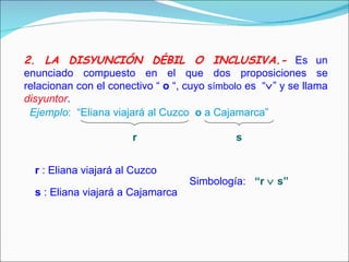 2. LA DISYUNCIÓN DÉBIL O INCLUSIVA.-   Es un enunciado compuesto en el que dos proposiciones se relacionan con el conectivo   “  o  “, cuyo  símbolo  es  “  ” y se llama  disyuntor . Ejemplo :  “Eliana viajará al Cuzco  o  a Cajamarca” r s r  : Eliana viajará al Cuzco   s  : Eliana viajará a Cajamarca   Simbología:  “r     s”   