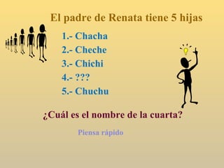 El padre de Renata tiene 5 hijas 1.- Chacha 2.- Cheche 3.- Chichi 4.- ??? 5.- Chuchu ¿Cuál es el nombre de la cuarta? Piensa rápido 