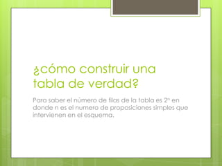 ¿cómo construir una
tabla de verdad?
Para saber el número de filas de la tabla es 2n en
donde n es el numero de proposiciones simples que
intervienen en el esquema.
 