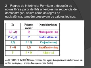 2 – Regras de inferência: Permitem a dedução de
novas fbfs a partir de fbfs anteriores na sequencia de
demonstração. Assim como as regras de
equivalência, também preservam os valores lógicos.
 