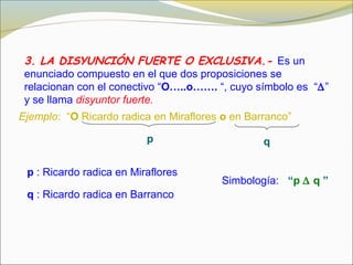 3. LA DISYUNCIÓN FUERTE O EXCLUSIVA.- Es un
enunciado compuesto en el que dos proposiciones se
relacionan con el conectivo “O…..o……. “, cuyo símbolo es “∆”
y se llama disyuntor fuerte.
Ejemplo: “O Ricardo radica en Miraflores o en Barranco”
p q
p : Ricardo radica en Miraflores
q : Ricardo radica en Barranco
Simbología: “p ∆ q ”
 
