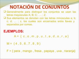 NOTACIÓN DE CONJUNTOS
 Generalmente para distinguir los conjuntos se usan las
letras mayúsculas A; B; C; …. ; Z.
 Sus elementos se denotan con las letras minúsculas a; b;
c; d; … ; z, los cuales son encerrados entre llaves y
separados por comas.
EJEMPLOS:
A = { c , o , m , p , u , t , a , d , o , r , a }
M = { 4 , 5 , 6 , 7 , 8 , 9 }
F = { pera , mango , fresa , papaya , uva , naranja}
 