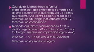 Cuando en la relación entre formas 
proposicionales aplicando tablas de verdad nos 
da una columna en la que todos son 0 decimos 
que tenemos una contradicción, si todas son 1 
tenemos una tautología y en caso de tener 0 y 1 
tenemos una contingencia. 
Teniendo dos formas proposicionales A y B, A 
implica lógicamente a B si la relación A→B es una 
tautología tenemos una implicación lógica, A→B, 
entonces: ¬ A→ ¬ B, si esto es una tautología 
tenemos una equivalencia lógica. 
