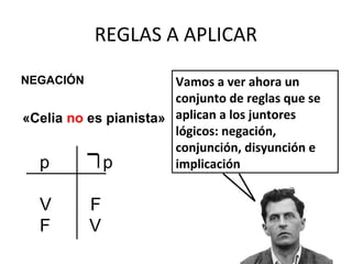 REGLAS A APLICAR
Vamos a ver ahora un
conjunto de reglas que se
aplican a los juntores
lógicos: negación,
conjunción, disyunción e
implicaciónp p
V F
F V
«Celia no es pianista»
NEGACIÓN
 