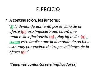 EJERCICIO
• A continuación, los juntores:
“Si la demanda aumenta por encima de la
oferta (p), eso implicará que habrá una
tendencia inflacionista (q) . Hay inflación (q) .
Luego esto implica que la demanda de un bien
está muy por encima de las posibilidades de la
oferta (p).”
(Tenemos conjuntores e implicadores)
 