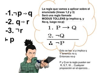 -1. p q
-2. q r
-3. r
- p
La regla que vamos a aplicar sobre el
enunciado (líneas 1,2 y 3)
Será una regla llamada
MODUS TOLLENS (p implica q, y
No-q, luego no-p)
Esto se lee: si p implica q
Y tenemos no q
Entonces no-p
P y Q en la regla pueden ser
R, S,T, W… Cualquier
proposición en el ejercicio…
 
