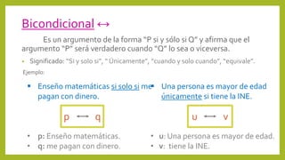 Bicondicional ↔
Es un argumento de la forma “P si y sólo si Q” y afirma que el
argumento “P” será verdadero cuando “Q” lo sea o viceversa.
• Significado: “Si y solo si”, “ Únicamente”, “cuando y solo cuando”, “equivale”.
Ejemplo:
p q
 Una persona es mayor de edad
únicamente si tiene la INE.
• u: Una persona es mayor de edad.
• v: tiene la INE.
u v
 Enseño matemáticas si solo si me
pagan con dinero.
• p: Enseño matemáticas.
• q: me pagan con dinero.
 