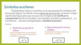 Símbolos auxiliares
El paréntesis, llaves y corchetes, es la representación simbólica del
enunciado lógico, se utilizan como signos de puntuación, no tienen ningún
significado lógico pero que se usan con el objetivo de clarificar la
comprensión de los enunciados. Los símbolos auxiliares paréntesis ( ... ) y
corchetes [ ... ] evitan ambigüedades y facilitan la lectura.
Ejemplo:
1. No fui al cine, pero fui al
teatro.
Incluye una negación y una conjunción; la
conjunción afecta a la primera proposición
solamente, en este caso.
2. No es cierto que fui al cine y
al teatro.
Se advierte que la negación afecta a la
conjunción en su conjunto.
¬(p^q)¬p^q
 