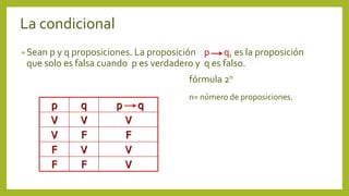 La condicional
• Sean p y q proposiciones. La proposición p q, es la proposición
que solo es falsa cuando p es verdadero y q es falso.
fórmula 2n
n= número de proposiciones.
p q p q
V V V
V F F
F V V
F F V
 