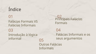 01
Falácias Formais VS
Falácias Informais
Índice
02
Principais Falácias
Formais
03
Introdução à lógica
informal
04
Falácias Informais e os
seus argumentos
05
Outras Falácias
Informais
 
