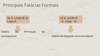 Principais Falácias Formais
Se A, então B. B.
Logo,A
Se A, então B.
¬A. Logo, ¬B
Falácia da Afirmação da
Consequente Falácia da Negação da Antecedente
 