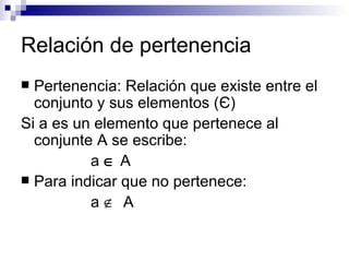 Relación de pertenencia Pertenencia: Relación que existe entre el conjunto y sus elementos ( Є ) Si a es un elemento que pertenece al conjunte A se escribe: a     A Para indicar que no pertenece: a     A 