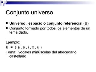 Conjunto universo Universo , espacio o conjunto referencial (U) Conjunto formado por todos los elementos de un tema dado. Ejemplo:  U   =    a , e , i , o , u     Tema:  vocales minúsculas del abecedario castellano  