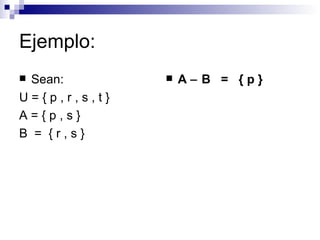 Ejemplo: Sean:  U = { p , r , s , t }  A = { p , s }  B  =  { r , s }  A    B  =  { p }   
