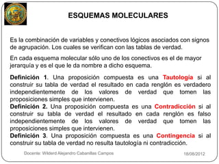 ESQUEMAS MOLECULARES


 Es la combinación de variables y conectivos lógicos asociados con signos
 de agrupación. Los cuales se verifican con las tablas de verdad.
 En cada esquema molecular sólo uno de los conectivos es el de mayor
 jerarquía y es el que le da nombre a dicho esquema.
 Definición 1. Una proposición compuesta es una Tautología si al
 construir su tabla de verdad el resultado en cada renglón es verdadero
 independientemente de los valores de verdad que tomen las
 proposiciones simples que intervienen.
 Definición 2. Una proposición compuesta es una Contradicción si al
 construir su tabla de verdad el resultado en cada renglón es falso
 independientemente de los valores de verdad que tomen las
 proposiciones simples que intervienen.
 Definición 3. Una proposición compuesta es una Contingencia si al
 construir su tabla de verdad no resulta tautología ni contradicción.
10    Docente: Wilderd Alejandro Cabanillas Campos             18/08/2012
 