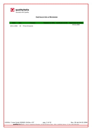 qualityitalia
Succeed with Quality
LGIO01c “Linea Guida ISO9001 EA29a e 35” pag. 2 di 52 Rev. 00 del 04.02.2008
qualityitalia S.r.l. - Via G. Coppola di Musitani, 34 00139 Roma, Italy - REA: 1180446, Roma - P. IVA: 09673061009
CARTIGLIO PER LE REVISIONI
Data Rev. Causale Redatto da RGQ Verificato da DG Approvato da ADIR
28.01.2008 00 Prima Emissione
04.02.2008
 
