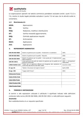 qualityitalia
Succeed with Quality
LGIO01c “Linea Guida ISO9001 EA29a e 35” pag. 5 di 52 Rev. 00 del 04.02.2008
qualityitalia S.r.l. - Via G. Coppola di Musitani, 34 00139 Roma, Italy - REA: 1180446, Roma - P. IVA: 09673061009
Le organizzazioni operanti nel settore commercio potrebbero escludere anche i punti 7.5.2 e
7.6, mentre lo studio legale potrebbe escludere il punto 7.6 nel caso che le attività svolte lo
consentano.
1.3 RESPONSABILITÀ
ADIR: Approvazione
DG: Verifica
RGQ: Redazione, modifica e distribuzione
DT: Verifica necessità aggiornamento
RSQ: Controllo applicazione requisiti
ST: Archiviazione
RGVI: Applicazione
AVI: Applicazione
2. RIFERIMENTI NORMATIVI
UNI EN ISO 9000 Sistemi di gestione per la qualità - Fondamenti e vocabolario 2005
UNI EN ISO 9001 Sistemi di gestione per la qualità - Requisiti. 2000
UNI EN ISO 9004
Sistemi di gestione per la qualità - Linee guida per il miglioramento
delle prestazioni.
2000
UNI EN 19011
Linea guida per gli audit dei sistemi di gestione per la qualità e/o di
gestione ambientale
2003 + Corrigendum
2004/2005
LINEA GUIDA (LG)
“Criteri per un approccio efficace ed omogeneo alle valutazioni di
conformità alla Norma ISO 9001:2000
Dicembre 2003
D. Lgs. 81 “Salute e Sicurezza nei luoghi di lavoro” Aprile 2008
D.Lgs. 196 “Legge sulla Privacy” 2003
OrdinamentoForense
Codice Diritto Civile
CodiceDirittoPenale
CodiceProceduraCivile
CodiceProceduraPenale
3. TERMINI E DEFINIZIONI
Ai termini e alle espressioni utilizzate è attribuito il significato indicato nelle definizioni
contenute nella norma UNI EN ISO 9000, UNI EN ISO 19011 e nelle definizioni seguenti:
Anomalia
Non soddisfacimento di un requisito specificato
 