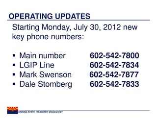 OPERATING UPDATES
Starting Monday, July 30, 2012 new
key phone numbers:

  Main number                         602-542-7800
  LGIP Line                           602-542-7834
  Mark Swenson                        602-542-7877
  Dale Stomberg                       602-542-7833


 ARIZONA STATE TREASURER DOUG DUCEY
 