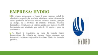 EMPRESA: HYDRO
De origem norueguesa, a Hydro é uma empresa global de
alumínio com produção, vendas e atividades comerciais em toda
cadeia produtiva, da lavra de bauxita, refino da alumina, geração
de energia até a produção do alumínio primário, produtos
laminados e reciclagem. A empresa conta com mais de 13.000
funcionários em atividades em mais de 50 países e todos os
continentes.
 No Brasil é proprietária da mina de bauxita Hydro
Paragominas, da refinaria de alumina Hydro Alunorte, em
Barcarena, e acionista majoritária da Albras, fábrica de alumínio
primário.
 