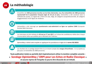 3pour LégiTrack – Troisième vague – 1er juin 2017
Echantillon de 1940 personnes inscrites sur les listes électorales, issu d’un échantillon de 1980 personnes
représentatif de la population française âgée de 18 ans et plus. L’échantillon a été constitué selon la
méthode des quotas, au regard des critères de sexe, d’âge, de catégorie socioprofessionnelle, de catégorie
d’agglomération et de région de résidence.
L’échantillon a été interrogé par questionnaire auto-administré en ligne sur système CAWI (Computer
Assisted Web Interview).
Les interviews ont été réalisées du 30 mai au 1er juin 2017, sur la base des candidatures réelles dans chaque
circonscription telles que publiées par le Ministère de l’intérieur.
OpinionWay a réalisé cette enquête en appliquant les procédures et règles de la norme ISO 20252.
Les résultats de ce sondage doivent être lus en tenant compte des marges d'incertitude : 1 à 2,2 points au
plus pour un échantillon de 2000 personnes.
La méthodologie
Toute publication totale ou partielle doit impérativement utiliser la mention complète suivante :
« Sondage OpinionWay / ORPI pour Les Echos et Radio Classique »
et aucune reprise de l’enquête ne pourra être dissociée de cet intitulé.
 