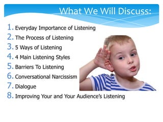 What We Will Discuss:
1. Everyday Importance of Listening
2. The Process of Listening
3. 5 Ways of Listening
4. 4 Main Listening Styles
5. Barriers To Listening
6. Conversational Narcissism
7. Dialogue
8. Improving Your and Your Audience’s Listening

 