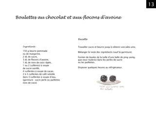 13
Boulettes au chocolat et aux flocons d’avoine
Ingrédients :
150 g beurre pommade
ou de margarine,
2 dL de sucre,
3 dL de flocons d’avoine,
1 dL de noix de coco râpée,
1 ou 2 cuillère(s) à soupe
de sucre vanillé,
4 cuillerées à soupe de cacao,
2 à 3 cuillerées de café soluble
dans 3 cuillerées à soupe d‘eau,
(garniture : sucre perle ou paillettes
noix de coco)
Recette
Travailler sucre et beurre jusqu’à obtenir une pâte unie,
Mélanger le reste des ingrédients (sauf la garniture).
Former de boules de la taille d’une balle de ping-pong,
que vous roulerez dans les perles de sucre
ou les paillettes.
Disposer quelques heures au réfrigérateur.
 