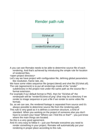 Render path rule


                               01/shot.sif



                         render/01/shot.sif.png/




A you can see Remake needs to be able to determine source file of each
   rendering. And that's achieved by introducing the simple rule for location
   of rendered files.
<open project directory>
Let's say we have project with configuration file, defining global parameters
   like resolution, frame rate, etc.
We have some video sequence file (project.blend) and shot file (01/shot.sif).
The rule (agreement) is to put all renderings inside of the “render”
   subdirectory in the project root under the same path as the source file +
   format extension.
For example if our default format is PNG, then for “01/shot.sif” the
   renderpath will be “render/01/shot.sif.png” (that may be a directory if we
   render to image sequence or just a file if we render to some video file
   format).
So, as we can see, the rendered footage is separated from source and it's
   always possible to determine source file from the rendering path.
This rule is very good as it is defines a common structure, a kind of
   standard. When you working on the project of someone else you don't
   have to scratch your head “Where can I find this or that?” - you just know
   where the main things are located.
So this is a very good agreement.
And it's very easy to follow it – just use Remake everytime you need to
   render something in your project. Remake will automatically put your
   rendering in proper place according to this rule.
 
