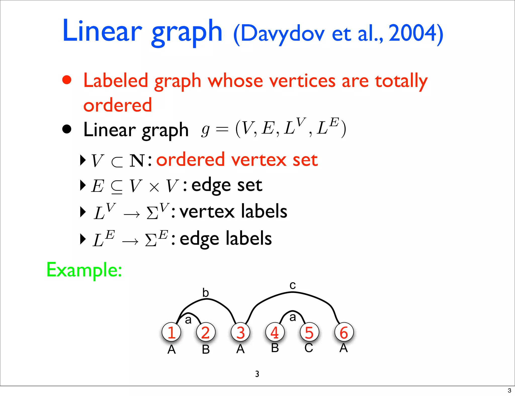 Linear graph (Davydov et al., 2004)
 • Labeled graph whose vertices are totally
   ordered
 • Linear graph g = (V, E, L , L )   V       E


   ‣ V ⊂ N : ordered vertex set
   ‣ E ⊆ V × V : edge set
   ‣ LV → ΣV : vertex labels
   ‣L →Σ
      E      E : edge labels

Example:
                                     c
                     b

                 a                   a
             1       2   3       4       5   6
             A       B   A       B       C       A
                             3
                                                     3
 