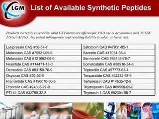 List of Available Synthetic Peptides Thymosin 1 CAS #62304-98-7 Thymopentin CAS #69558-55-0 Terlipressin CAS #14636-12-5 Teriparatide CAS #52232-67-4 Triptorelin CAS #57773-63-4 Somatostatin CAS #38916-34-6 Sermorelin CAS #86168-78-7 Secretin CAS #17034-35-4 Salcitonin CAS #47931-85-1 Products currently covered by valid US Patents are offered for R&D use in accordance with 35 USC 271(e)+A13(1). Any patent infringement and resulting liability is solely at buyer risk. PT141 CAS #32780-32-8 Protirelin CAS #24305-27-9 Pramlintide CAS #196078-30-5 Oxytocin CAS #50-56-6 Octreotide CAS #83150-76-9 Nesiritide CAS #114471-18-0 Melanotan CAS #121062-08-6 Melanotan CAS #75921-69-6 Lysipressin CAS #50-57-7 