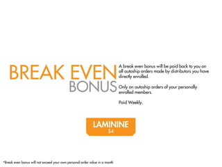 BREAK EVEN
                                                                             A break even bonus will be paid back to you on
                                                                             all autoship orders made by distributors you have
                                                                             directly enrolled.


                                            BONUS                            Only on autoship orders of your personally
                                                                             enrolled members.

                                                                             Paid Weekly.




                                                            LAMININE                           EXTRINN                    HARMO
                                                                      $4                              $2                         $0




*Break even bonus will not exceed your own personal order value in a month
 