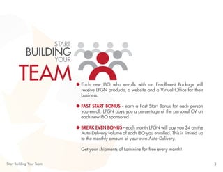 3
Each new IBO who enrolls with an Enrollment Package will
receive LPGN products, a website and a Virtual Office for their
business.
FAST START BONUS - earn a Fast Start Bonus for each person
you enroll. LPGN pays you a percentage of the personal CV on
each new IBO sponsored
BREAK EVEN BONUS - each month LPGN will pay you $4 on the
Auto-Delivery volume of each IBO you enrolled. This is limited up
to the monthly amount of your own Auto-Delivery.
Get your shipments of Laminine for free every month!
START
BUILDING
YOUR
TEAM
Start Building Your Team
 