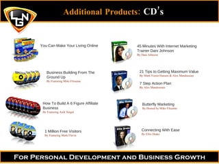 1 Million Free Visitors By Featuring Mark Flavin 21 Tips to Getting Maximum Value By Mark Victor Hansen & Alex Mandossian 7 Step Action Plan By Alex Mandossian 45 Minutes With Internet Marketing Trainer Dani Johnson By Dani Johnson Business Building From The Ground Up By Featuring Mike Filsaime Butterfly Marketing By Hosted by Mike Filsaime How To Build A 6 Figure Affiliate Business By Featuring Anik Singal You Can Make Your Living Online Connecting With Ease By Ellie Drake Additional Products:  CD’s   For Personal Development and Business Growth 