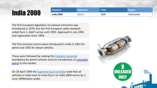 India 2000
Standard Reference YEAR Region
India 2000 Euro 1 2000 Nationwide
The first European legislation on exhaust emissions was
introduced in 1970, but the first European-wide standard,
called Euro 1, didn’t arrive until 1992. Approved in July 1992
and registration from 1993.
The first emission norms were introduced in India in 1991 for
petrol and 1992 for diesel vehicles.
These were followed by making the Catalytic converter
mandatory for petrol vehicles and the introduction of unleaded
petrol in the market.
On 29 April 1999 the Supreme Court of India ruled that all
vehicles in India have to meet Euro I or India 2000 norms by 1
June 1999(nation wide).
 