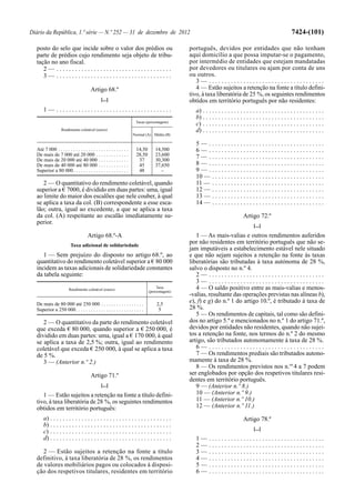 Diário da República, 1.ª série — N.º 252 — 31 de dezembro de 2012                                                                                           7424-(101)

  posto do selo que incide sobre o valor dos prédios ou                                        português, devidos por entidades que não tenham
  parte de prédios cujo rendimento seja objeto de tribu-                                       aqui domicílio a que possa imputar-se o pagamento,
  tação no ano fiscal.                                                                         por intermédio de entidades que estejam mandatadas
     2— .....................................                                                  por devedores ou titulares ou ajam por conta de uns
     3— .....................................                                                  ou outros.
                                                                                                  3— .....................................
                                        Artigo 68.º                                               4 — Estão sujeitos a retenção na fonte a título defini-
                                                                                               tivo, à taxa liberatória de 25 %, os seguintes rendimentos
                                               [...]                                           obtidos em território português por não residentes:
      1— .....................................                                                   a) . . . . . . . . . . . . . . . . . . . . . . . . . . . . . . . . . . . . . . .
                                                                                                 b) . . . . . . . . . . . . . . . . . . . . . . . . . . . . . . . . . . . . . . .
                                                                       Taxas (percentagem)
                                                                                                 c) . . . . . . . . . . . . . . . . . . . . . . . . . . . . . . . . . . . . . . .
                   Rendimento coletável (euros)                                                  d) . . . . . . . . . . . . . . . . . . . . . . . . . . . . . . . . . . . . . . .
                                                                      Normal (A) Média (B)

                                                                                                 5— .....................................
  Até 7 000 . . . . . . . . . . . . . . . . . . . . . . . . . . . .    14,50      14,500         6— .....................................
  De mais de 7 000 até 20 000 . . . . . . . . . . . . .                28,50      23,600         7— .....................................
  De mais de 20 000 até 40 000 . . . . . . . . . . . .                  37        30,300
  De mais de 40 000 até 80 000 . . . . . . . . . . . .                  45        37,650         8— .....................................
  Superior a 80 000 . . . . . . . . . . . . . . . . . . . . . .         48           –           9— .....................................
                                                                                                 10 — . . . . . . . . . . . . . . . . . . . . . . . . . . . . . . . . . . . .
     2 — O quantitativo do rendimento coletável, quando                                          11 — . . . . . . . . . . . . . . . . . . . . . . . . . . . . . . . . . . . .
  superior a € 7000, é dividido em duas partes: uma, igual                                       12 — . . . . . . . . . . . . . . . . . . . . . . . . . . . . . . . . . . . .
  ao limite do maior dos escalões que nele couber, à qual                                        13 — . . . . . . . . . . . . . . . . . . . . . . . . . . . . . . . . . . . .
  se aplica a taxa da col. (B) correspondente a esse esca-                                       14 — . . . . . . . . . . . . . . . . . . . . . . . . . . . . . . . . . . . .
  lão; outra, igual ao excedente, a que se aplica a taxa
  da col. (A) respeitante ao escalão imediatamente su-                                                                        Artigo 72.º
  perior.
                                                                                                                                     [...]
                                      Artigo 68.º-A                                               1 — As mais-valias e outros rendimentos auferidos
                          Taxa adicional de solidariedade
                                                                                               por não residentes em território português que não se-
                                                                                               jam imputáveis a estabelecimento estável nele situado
     1 — Sem prejuízo do disposto no artigo 68.º, ao                                           e que não sejam sujeitos a retenção na fonte às taxas
  quantitativo do rendimento coletável superior a € 80 000                                     liberatórias são tributadas à taxa autónoma de 28 %,
  incidem as taxas adicionais de solidariedade constantes                                      salvo o disposto no n.º 4.
  da tabela seguinte:                                                                             2— .....................................
                                                                                                  3— .....................................
                        Rendimento coletável (euros)
                                                                                    Taxa
                                                                               (percentagem)
                                                                                                  4 — O saldo positivo entre as mais-valias e menos-
                                                                                               -valias, resultante das operações previstas nas alíneas b),
  De mais de 80 000 até 250 000 . . . . . . . . . . . . . . . . .                  2,5
                                                                                               e), f) e g) do n.º 1 do artigo 10.º, é tributado à taxa de
  Superior a 250 000 . . . . . . . . . . . . . . . . . . . . . . . . . . .          5          28 %.
                                                                                                  5 — Os rendimentos de capitais, tal como são defini-
     2 — O quantitativo da parte do rendimento coletável                                       dos no artigo 5.º e mencionados no n.º 1 do artigo 71.º,
  que exceda € 80 000, quando superior a € 250 000, é                                          devidos por entidades não residentes, quando não sujei-
  dividido em duas partes: uma, igual a € 170 000, à qual                                      tos a retenção na fonte, nos termos do n.º 2 do mesmo
  se aplica a taxa de 2,5 %; outra, igual ao rendimento                                        artigo, são tributados autonomamente à taxa de 28 %.
  coletável que exceda € 250 000, à qual se aplica a taxa                                         6— .....................................
  de 5 %.                                                                                         7 — Os rendimentos prediais são tributados autono-
     3 — (Anterior n.º 2.)                                                                     mamente à taxa de 28 %.
                                                                                                  8 — Os rendimentos previstos nos n.os 4 a 7 podem
                                        Artigo 71.º                                            ser englobados por opção dos respetivos titulares resi-
                                                                                               dentes em território português.
                                               [...]                                              9 — (Anterior n.º 8.)
     1 — Estão sujeitos a retenção na fonte a título defini-                                      10 — (Anterior n.º 9.)
  tivo, à taxa liberatória de 28 %, os seguintes rendimentos                                      11 — (Anterior n.º 10.)
  obtidos em território português:                                                                12 — (Anterior n.º 11.)
      a) . . . . . . . . . . . . . . . . . . . . . . . . . . . . . . . . . . . . . . .                                        Artigo 78.º
      b) . . . . . . . . . . . . . . . . . . . . . . . . . . . . . . . . . . . . . . .
                                                                                                                                     [...]
      c) . . . . . . . . . . . . . . . . . . . . . . . . . . . . . . . . . . . . . . .
      d) . . . . . . . . . . . . . . . . . . . . . . . . . . . . . . . . . . . . . . .           1—      .....................................
                                                                                                 2—      .....................................
     2 — Estão sujeitos a retenção na fonte a título                                             3—      .....................................
  definitivo, à taxa liberatória de 28 %, os rendimentos                                         4—      .....................................
  de valores mobiliários pagos ou colocados à disposi-                                           5—      .....................................
  ção dos respetivos titulares, residentes em território                                         6—      .....................................
 
