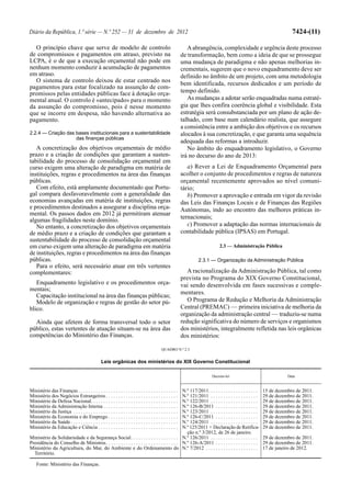 Diário da República, 1.ª série — N.º 252 — 31 de dezembro de 2012                                                                                                7424-(11)

  O princípio chave que serve de modelo de controlo                                                            A abrangência, complexidade e urgência deste processo
de compromissos e pagamentos em atraso, previsto na                                                         de transformação, bem como a ideia de que se prossegue
LCPA, é o de que a execução orçamental não pode em                                                          uma mudança de paradigma e não apenas melhorias in-
nenhum momento conduzir à acumulação de pagamentos                                                          crementais, sugerem que o novo enquadramento deve ser
em atraso.                                                                                                  definido no âmbito de um projeto, com uma metodologia
  O sistema de controlo deixou de estar centrado nos                                                        bem identificada, recursos dedicados e um período de
pagamentos para estar focalizado na assunção de com-
promissos pelas entidades públicas face à dotação orça-                                                     tempo definido.
mental anual. O controlo é «antecipado» para o momento                                                         As mudanças a adotar serão enquadradas numa estraté-
da assunção do compromisso, pois é nesse momento                                                            gia que lhes confira coerência global e visibilidade. Esta
que se incorre em despesa, não havendo alternativa ao                                                       estratégia será consubstanciada por um plano de ação de-
pagamento.                                                                                                  talhado, com base num calendário realista, que assegure
                                                                                                            a consistência entre a ambição dos objetivos e os recursos
2.2.4 — Criação das bases institucionais para a sustentabilidade                                            alocados à sua concretização, e que garanta uma sequência
                    das finanças públicas
                                                                                                            adequada das reformas a introduzir.
   A concretização dos objetivos orçamentais de médio                                                          No âmbito do enquadramento legislativo, o Governo
prazo e a criação de condições que garantam a susten-                                                       irá no decurso do ano de 2013:
tabilidade do processo de consolidação orçamental em
curso exigem uma alteração de paradigma em matéria de                                                          a) Rever a Lei de Enquadramento Orçamental para
instituições, regras e procedimentos na área das finanças                                                   acolher o conjunto de procedimentos e regras de natureza
públicas.                                                                                                   orçamental recentemente aprovados ao nível comuni-
   Com efeito, está amplamente documentado que Portu-                                                       tário;
gal compara desfavoravelmente com a generalidade das                                                           b) Promover a aprovação e entrada em vigor da revisão
economias avançadas em matéria de instituições, regras                                                      das Leis das Finanças Locais e de Finanças das Regiões
e procedimentos destinados a assegurar a disciplina orça-                                                   Autónomas, indo ao encontro das melhores práticas in-
mental. Os passos dados em 2012 já permitiram atenuar
                                                                                                            ternacionais;
algumas fragilidades neste domínio.
   No entanto, a concretização dos objetivos orçamentais                                                       c) Promover a adaptação das normas internacionais de
de médio prazo e a criação de condições que garantam a                                                      contabilidade pública (IPSAS) em Portugal.
sustentabilidade do processo de consolidação orçamental
em curso exigem uma alteração de paradigma em matéria                                                                        2.3 — Administração Pública
de instituições, regras e procedimentos na área das finanças
públicas.                                                                                                          2.3.1 — Organização da Administração Pública
   Para o efeito, será necessário atuar em três vertentes
complementares:                                                                                                A racionalização da Administração Pública, tal como
                                                                                                            prevista no Programa do XIX Governo Constitucional,
   Enquadramento legislativo e os procedimentos orça-                                                       vai sendo desenvolvida em fases sucessivas e comple-
mentais;
                                                                                                            mentares.
   Capacitação institucional na área das finanças públicas;
   Modelo de organização e regras de gestão do setor pú-                                                       O Programa de Redução e Melhoria da Administração
blico.                                                                                                      Central (PREMAC) — primeira iniciativa de melhoria da
                                                                                                            organização da administração central — traduziu-se numa
  Ainda que afetem de forma transversal todo o setor                                                        redução significativa do número de serviços e organismos
público, estas vertentes de atuação situam-se na área das                                                   dos ministérios, integralmente refletida nas leis orgânicas
competências do Ministério das Finanças.                                                                    dos ministérios:

                                                                                             QUADRO N.º 2.3


                                                  Leis orgânicas dos ministérios do XIX Governo Constitucional

                                                                                                                         Decreto-lei                           Data


Ministério das Finanças . . . . . . . . . . . . . . . . . . . . . . . . . . . . . . . . . . . . . . . .
                                                                                              N.º 117/2011. . . . . . . . . . . . . . . . . . . .   15 de dezembro de 2011.
Ministério dos Negócios Estrangeiros . . . . . . . . . . . . . . . . . . . . . . . . . . . . .N.º 121/2011 . . . . . . . . . . . . . . . . . . .    29 de dezembro de 2011.
Ministério da Defesa Nacional. . . . . . . . . . . . . . . . . . . . . . . . . . . . . . . . . . .
                                                                                              N.º 122/2011 . . . . . . . . . . . . . . . . . . .    29 de dezembro de 2011.
Ministério da Administração Interna . . . . . . . . . . . . . . . . . . . . . . . . . . . . . .
                                                                                              N.º 126-B/2011 . . . . . . . . . . . . . . . . .      29 de dezembro de 2011.
Ministério da Justiça . . . . . . . . . . . . . . . . . . . . . . . . . . . . . . . . . . . . . . . . . .
                                                                                              N.º 123/2011 . . . . . . . . . . . . . . . . . . .    29 de dezembro de 2011.
Ministério da Economia e do Emprego . . . . . . . . . . . . . . . . . . . . . . . . . . . .   N.º 126-C/2011 . . . . . . . . . . . . . . . . .      29 de dezembro de 2011.
Ministério da Saúde . . . . . . . . . . . . . . . . . . . . . . . . . . . . . . . . . . . . . . . . . . .
                                                                                              N.º 124/2011 . . . . . . . . . . . . . . . . . . .    29 de dezembro de 2011.
Ministério da Educação e Ciência . . . . . . . . . . . . . . . . . . . . . . . . . . . . . . . .
                                                                                              N.º 125/2011 + Declaração de Retifica-                29 de dezembro de 2011.
                                                                                                ção n.º 3/2012, de 26 de janeiro.
Ministério da Solidariedade e da Segurança Social. . . . . . . . . . . . . . . . . . . N.º 126/2011 . . . . . . . . . . . . . . . . . . .           29 de dezembro de 2011.
Presidência do Conselho de Ministros. . . . . . . . . . . . . . . . . . . . . . . . . . . . . N.º 126-A/2011 . . . . . . . . . . . . . . . . .      29 de dezembro de 2011.
Ministério da Agricultura, do Mar, do Ambiente e do Ordenamento do N.º 7/2012 . . . . . . . . . . . . . . . . . . . . .                             17 de janeiro de 2012.
  Território.

    Fonte: Ministério das Finanças.
 