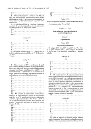 Diário da República, 1.ª série — N.º 252 — 31 de dezembro de 2012                                                                                   7424-(127)

     3— .....................................                                             23 — . . . . . . . . . . . . . . . . . . . . . . . . . . . . . . . . . . . .
     4— .....................................                                             24 — . . . . . . . . . . . . . . . . . . . . . . . . . . . . . . . . . . . .
     5 — O valor do incentivo é apurado pela AT com                                       25 — . . . . . . . . . . . . . . . . . . . . . . . . . . . . . . . . . . .»
  base nas faturas que lhe forem comunicadas, por via
  eletrónica, até ao dia 15 de fevereiro do ano seguinte ao                                                        Artigo 219.º
  da sua emissão, relativamente a cada adquirente nelas                             Norma revogatória no âmbito do Estatuto dos Benefícios Fiscais
  identificado.
     6 — A AT disponibiliza no Portal das Finanças o                                  É revogado o artigo 72.º do EBF.
  montante do incentivo até ao final do mês de fevereiro
  do ano seguinte ao da emissão das faturas.
     7— .....................................                                                                  CAPÍTULO XVII
     8— .....................................                                                    Procedimento, processo tributário
     9— .....................................                                                          e outras disposições
     10 — . . . . . . . . . . . . . . . . . . . . . . . . . . . . . . . . . . . .
                                                                                                                     SECÇÃO I
                                 Artigo 69.º
                                       [...]
                                                                                                                 Lei geral tributária

     1— .....................................                                                                      Artigo 220.º
     2— .....................................
                                                                                                         Alteração à lei geral tributária
     3— .....................................
     4— .....................................                                          Os artigos 19.º, 45.º, 49.º, 52.º, 60.º, 63.º-A e 101.º
     5— .....................................                                       da lei geral tributária (LGT), aprovada pelo Decreto-Lei
     6 — O regime referido nos n.os 1 e 2 vigora para os                            n.º 398/98, de 17 de dezembro, passam a ter a seguinte
  imóveis adquiridos ou concluídos até 31 de dezembro                               redação:
  de 2013.
     7— .....................................                                                                         «Artigo 19.º
                                                                                                                             [...]
                                 Artigo 71.º
                                                                                         1— .....................................
                                       [...]
                                                                                         2— .....................................
     1 — Ficam isentos do IRC os rendimentos de qual-                                    3— .....................................
  quer natureza obtidos por fundos de investimento imo-                                  4— .....................................
  biliário que operem de acordo com a legislação nacional                                5— .....................................
  desde que constituídos entre 1 de janeiro de 2008 e 31 de                              6— .....................................
  dezembro de 2013 e pelo menos 75 % dos seus ativos                                     7— .....................................
  sejam bens imóveis sujeitos a ações de reabilitação                                    8— .....................................
  realizadas nas áreas de reabilitação urbana.                                           9 — Os sujeitos passivos do imposto sobre o rendi-
     2— .....................................                                         mento das pessoas coletivas com sede ou direção efetiva
     3— .....................................                                         em território português e os estabelecimentos estáveis
     4— .....................................                                         de sociedades e outras entidades não residentes, bem
     5— .....................................                                         como os sujeitos passivos residentes enquadrados no
     6— .....................................                                         regime normal do imposto sobre o valor acrescentado,
     7— .....................................                                         são obrigados a possuir caixa postal eletrónica, nos
     8— .....................................                                         termos do n.º 2, e a comunicá-la à administração tri-
     9— .....................................                                         butária no prazo de 30 dias a contar da data do início
     10 — . . . . . . . . . . . . . . . . . . . . . . . . . . . . . . . . . . . .     de atividade ou da data do início do enquadramento no
     11 — . . . . . . . . . . . . . . . . . . . . . . . . . . . . . . . . . . . .     regime normal do imposto sobre o valor acrescentado,
     12 — Os titulares de rendimentos respeitantes a                                  quando o mesmo ocorra por alteração.
  unidades de participação nos fundos de investimento                                    10 — . . . . . . . . . . . . . . . . . . . . . . . . . . . . . . . . . . . .
  referidos no n.º 1, quando englobem os rendimentos
  que lhes sejam distribuídos, têm direito a deduzir                                                                   Artigo 45.º
  50 % dos rendimentos relativos a dividendos, nos                                                                           [...]
  termos e condições previstos no artigo 40.º-A do
  Código do IRS.                                                                          1—      .....................................
     13 — . . . . . . . . . . . . . . . . . . . . . . . . . . . . . . . . . . . .         2—      .....................................
     14 — . . . . . . . . . . . . . . . . . . . . . . . . . . . . . . . . . . . .         3—      .....................................
     15 — . . . . . . . . . . . . . . . . . . . . . . . . . . . . . . . . . . . .         4—      .....................................
     16 — . . . . . . . . . . . . . . . . . . . . . . . . . . . . . . . . . . . .         5—      .....................................
     17 — . . . . . . . . . . . . . . . . . . . . . . . . . . . . . . . . . . . .         6—      .....................................
     18 — . . . . . . . . . . . . . . . . . . . . . . . . . . . . . . . . . . . .         7—      .....................................
     19 — . . . . . . . . . . . . . . . . . . . . . . . . . . . . . . . . . . . .        a) . . . . . . . . . . . . . . . . . . . . . . . . . . . . . . . . . . . . . . .
     20 — . . . . . . . . . . . . . . . . . . . . . . . . . . . . . . . . . . . .        b) Contas de depósito ou de títulos abertas em insti-
     21 — . . . . . . . . . . . . . . . . . . . . . . . . . . . . . . . . . . . .     tuições financeiras não residentes em Estados membros
     22 — . . . . . . . . . . . . . . . . . . . . . . . . . . . . . . . . . . . .     da União Europeia, ou em sucursais localizadas fora da
 