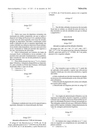 Diário da República, 1.ª série — N.º 252 — 31 de dezembro de 2012                                                                         7424-(131)

      7— .....................................                                           n.º 32/2012, de 13 de fevereiro, passa a ter a seguinte
      8— .....................................                                           redação:
      9— .....................................
      10 — . . . . . . . . . . . . . . . . . . . . . . . . . . . . . . . . . . . .                                  «Artigo 4.º
      11 — . . . . . . . . . . . . . . . . . . . . . . . . . . . . . . . . . . . .
                                                                                                                         [...]
      12 — . . . . . . . . . . . . . . . . . . . . . . . . . . . . . . . . . . . .
                                                                                              1— .....................................
                                  Artigo 223.º                                                2— .....................................
                                                                                              3 — Nas dívidas cobradas em processo de execução
                                         [...]
                                                                                           fiscal não se contam, no cálculo de juros de mora, os
     1— .....................................                                              dias incluídos no mês de calendário em que se efetuar
     2— .....................................                                              o pagamento.»
     3 — Salvo nos casos de depósitos existentes em
  instituição de crédito competente, em que se aplica o                                                           SECÇÃO III
  disposto no Código de Processo Civil, a penhora efetua-
  -se por meio de carta registada, com aviso de receção,                                                       Infrações tributárias
  dirigida ao depositário, devendo a notificação conter
  ainda a indicação de que as quantias depositadas nas                                                            Artigo 224.º
  contas referidas nos números anteriores ficam indispo-                                        Alteração ao regime geral das infrações tributárias
  níveis desde a data da penhora, salvo nos casos previstos
  na lei, mantendo-se válida por período não superior a                                    Os artigos 29.º, 40.º, 41.º, 50.º, 77.º, 83.º, 106.º, 107.º,
  um ano, sem prejuízo de renovação.                                                     109.º, 117.º e 128.º do regime geral das infrações tributárias
     4 — Salvo comunicação em contrário do órgão da                                      (RGIT), aprovado pela Lei n.º 15/2001, de 5 de junho,
  execução fiscal, verificando-se novas entradas, o de-                                  passam a ter a seguinte redação:
  positário deve proceder imediatamente à sua penhora,
  após consulta do valor em dívida penhorável e apenas                                                             «Artigo 29.º
  até esse montante.                                                                                                     [...]
     5 — Para efeitos do previsto nos n.os 3 e 4, a Autori-
  dade Tributária e Aduaneira disponibiliza ao deposit