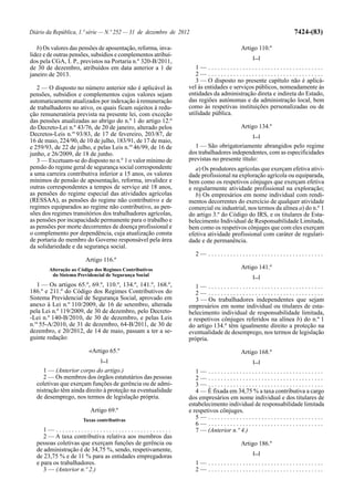 Diário da República, 1.ª série — N.º 252 — 31 de dezembro de 2012                                           7424-(83)

   b) Os valores das pensões de aposentação, reforma, inva-                           Artigo 110.º
lidez e de outras pensões, subsídios e complementos atribuí-                              [...]
dos pela CGA, I. P., previstos na Portaria n.º 320-B/2011,
de 30 de dezembro, atribuídos em data anterior a 1 de              1— .....................................
janeiro de 2013.                                                   2— .....................................
                                                                   3 — O disposto no presente capítulo não é aplicá-
   2 — O disposto no número anterior não é aplicável às         vel às entidades e serviços públicos, nomeadamente às
pensões, subsídios e complementos cujos valores sejam           entidades da administração direta e indireta do Estado,
automaticamente atualizados por indexação à remuneração         das regiões autónomas e da administração local, bem
de trabalhadores no ativo, os quais ficam sujeitos à redu-      como às respetivas instituições personalizadas ou de
ção remuneratória prevista na presente lei, com exceção         utilidade pública.
das pensões atualizadas ao abrigo do n.º 1 do artigo 12.º
do Decreto-Lei n.º 43/76, de 20 de janeiro, alterado pelos                            Artigo 134.º
Decretos-Leis n.os 93/83, de 17 de fevereiro, 203/87, de                                  [...]
16 de maio, 224/90, de 10 de julho, 183/91, de 17 de maio,
e 259/93, de 22 de julho, e pelas Leis n.os 46/99, de 16 de        1 — São obrigatoriamente abrangidos pelo regime
junho, e 26/2009, de 18 de junho.                               dos trabalhadores independentes, com as especificidades
   3 — Excetuam-se do disposto no n.º 1 o valor mínimo de       previstas no presente título:
pensão do regime geral de segurança social correspondente          a) Os produtores agrícolas que exerçam efetiva ativi-
a uma carreira contributiva inferior a 15 anos, os valores      dade profissional na exploração agrícola ou equiparada,
mínimos de pensão de aposentação, reforma, invalidez e          bem como os respetivos cônjuges que exerçam efetiva
outras correspondentes a tempos de serviço até 18 anos,         e regularmente atividade profissional na exploração;
as pensões do regime especial das atividades agrícolas             b) Os empresários em nome individual com rendi-
(RESSAA), as pensões do regime não contributivo e de            mentos decorrentes do exercício de qualquer atividade
regimes equiparados ao regime não contributivo, as pen-         comercial ou industrial, nos termos da alínea a) do n.º 1
sões dos regimes transitórios dos trabalhadores agrícolas,      do artigo 3.º do Código do IRS, e os titulares de Esta-
as pensões por incapacidade permanente para o trabalho e        belecimento Individual de Responsabilidade Limitada,
as pensões por morte decorrentes de doença profissional e       bem como os respetivos cônjuges que com eles exerçam
o complemento por dependência, cuja atualização consta          efetiva atividade profissional com caráter de regulari-
de portaria do membro do Governo responsável pela área          dade e de permanência.
da solidariedade e da segurança social.
                                                                    2— .....................................
                       Artigo 116.º
        Alteração ao Código dos Regimes Contributivos                                 Artigo 141.º
         do Sistema Previdencial de Segurança Social                                      [...]
   1 — Os artigos 65.º, 69.º, 110.º, 134.º, 141.º, 168.º,          1— .....................................
186.º e 211.º do Código dos Regimes Contributivos do               2— .....................................
Sistema Previdencial de Segurança Social, aprovado em              3 — Os trabalhadores independentes que sejam
anexo à Lei n.º 110/2009, de 16 de setembro, alterada           empresários em nome individual ou titulares de esta-
pela Lei n.º 119/2009, de 30 de dezembro, pelo Decreto-         belecimento individual de responsabilidade limitada,
-Lei n.º 140-B/2010, de 30 de dezembro, e pelas Leis            e respetivos cônjuges referidos na alínea b) do n.º 1
n.os 55-A/2010, de 31 de dezembro, 64-B/2011, de 30 de          do artigo 134.º têm igualmente direito a proteção na
dezembro, e 20/2012, de 14 de maio, passam a ter a se-          eventualidade de desemprego, nos termos de legislação
guinte redação:                                                 própria.
                         «Artigo 65.º                                                 Artigo 168.º
                              [...]                                                       [...]
     1 — (Anterior corpo do artigo.)                               1— .....................................
     2 — Os membros dos órgãos estatutários das pessoas            2— .....................................
  coletivas que exerçam funções de gerência ou de admi-            3— .....................................
  nistração têm ainda direito à proteção na eventualidade          4 — É fixada em 34,75 % a taxa contributiva a cargo
  de desemprego, nos termos de legislação própria.              dos empresários em nome individual e dos titulares de
                                                                estabelecimento individual de responsabilidade limitada
                         Artigo 69.º                            e respetivos cônjuges.
                      Taxas contributivas
                                                                   5— .....................................
                                                                   6— .....................................
     1— .....................................                      7 — (Anterior n.º 4.)
     2 — A taxa contributiva relativa aos membros das
  pessoas coletivas que exerçam funções de gerência ou                                Artigo 186.º
  de administração é de 34,75 %, sendo, respetivamente,
                                                                                          [...]
  de 23,75 % e de 11 % para as entidades empregadoras
  e para os trabalhadores.                                          1— .....................................
     3 — (Anterior n.º 2.)                                          2— .....................................
 