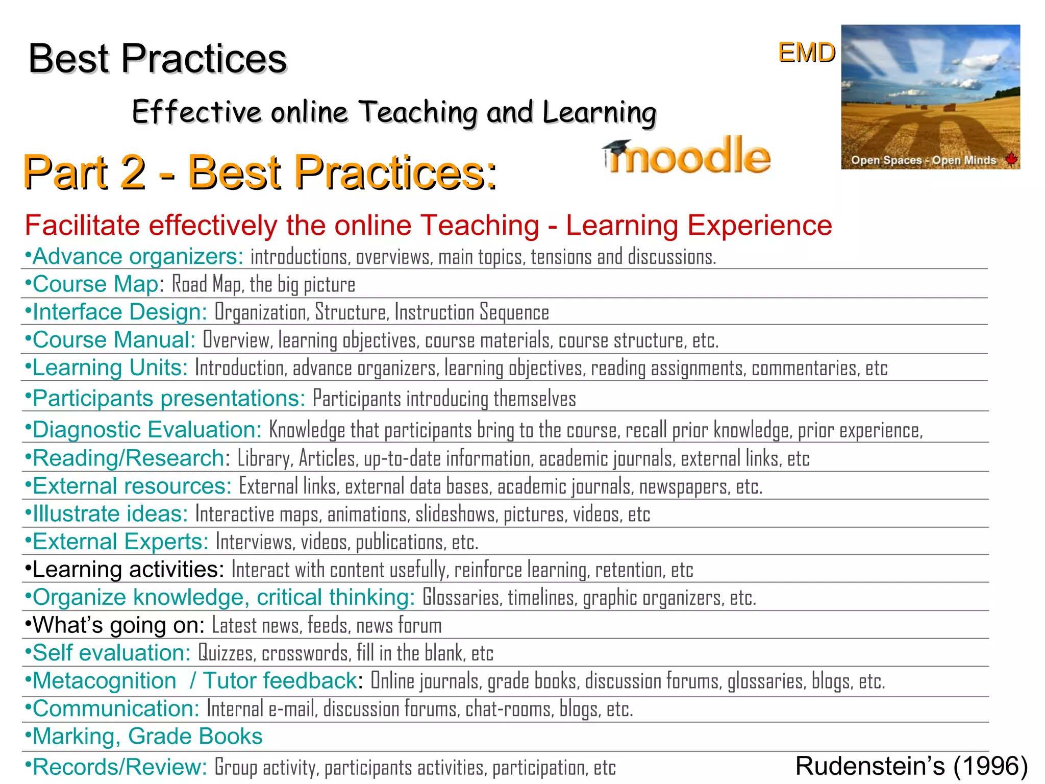 Part 2 - Best Practices: Facilitate effectively the online Teaching - Learning Experience Advance organizers:  introductions, overviews, main topics, tensions and discussions. Course Map :  Road Map, the big picture Interface Design:   Organization, Structure, Instruction Sequence Course Manual:  Overview, learning objectives, course materials, course structure, etc. Learning Units:  Introduction, advance organizers, learning objectives, reading assignments, commentaries, etc  Participants presentations:  Participants introducing themselves   Diagnostic Evaluation:  Knowledge that participants bring to the course, recall prior knowledge, prior experience,  Reading/Research :  Library, Articles, up-to-date information, academic journals, external links, etc External resources:  External links, external data bases, academic journals, newspapers, etc.   Illustrate ideas:  Interactive maps, animations, slideshows, pictures, videos, etc External Experts:  Interviews, videos, publications, etc.  Learning activities:  Interact with content usefully, reinforce learning, retention, etc Organize knowledge, critical thinking:  Glossaries, timelines, graphic organizers, etc. What’s going on:  Latest news, feeds, news forum Self evaluation:  Quizzes, crosswords, fill in the blank, etc  Metacognition   / Tutor feedback :  Online journals, grade books, discussion forums, glossaries, blogs, etc. Communication:  Internal e-mail, discussion forums, chat-rooms, blogs, etc.  Marking, Grade Books   Records/Review:  Group activity, participants activities, participation, etc  Rudenstein’s (1996)  Best Practices Effective online Teaching and Learning EMD 