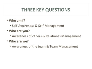 THREE KEY QUESTIONS 
• Who am I? 
• Self-Awareness & Self-Management 
• Who are you? 
• Awareness of others & Relational-Management 
• Who are we? 
• Awareness of the team & Team Management 
 