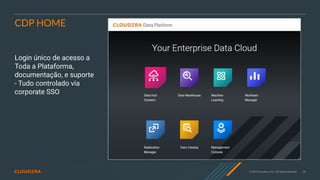 28
© 2020 Cloudera, Inc. All rights reserved.
CDP HOME
Login único de acesso a
Toda a Plataforma,
documentação, e suporte
- Tudo controlado via
corporate SSO
 