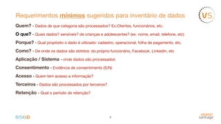 Requerimentos mínimos sugeridos para inventário de dados
5
Quem? - Dados de que categoria são processados? Ex.Clientes, funcionários, etc.
O que? - Quais dados? sensíveis? de crianças e adolescentes? (ex: nome, email, telefone, etc)

Porque? - Qual propósito o dado é utilizado: cadastro, operacional, folha de pagamento, etc.
Como? - De onde os dados são obtidos: do próprio funcionário, Facebook, LinkedIn, etc

Aplicação / Sistema - onde dados são processados

Consentimento - Evidência de consentimento (S/N)
Acesso - Quem tem acesso a informação?

Terceiros - Dados são processados por terceiros?
Retenção - Qual o período de retenção?
 