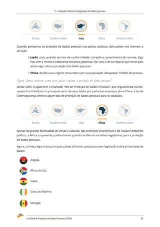 2 - Evolução histórica da legislação de dados pessoais
Lei Geral de Proteção de Dados Pessoais (LGPD)	 25
Ásia
Estados Unidos
Europa África América Latina
Quando pensamos na proteção de dados pessoais nos países asiáticos, dois países nos chamam a
atenção:
	
Ÿ Japão: pois, quando se trata de conformidade, correção e cumprimento de normas, logo
nos vem à mente a tradicional disciplina japonesa. Por isso, é de se esperar que nesse país
exista algo sobre a proteção dos dados pessoais.
	
Ÿ China: devido a seu regime comunista e por sua população ultrapassar 1 bilhão de pessoas.
Agora, vamos conhecer como esses países tratam a proteção de dados pessoais?
Desde 2005, o Japão tem o chamado “Ato de Proteção de Dados Pessoais”, que regulamenta os inte�
resses dos indivíduos no processamento de seus dados por parte das empresas. Já na China, a Lei de
Cibersegurança oferece algum tipo de proteção de dados pessoais para os cidadãos.
Ásia
Estados Unidos
Europa África América Latina
Apesar da grande diversidade de etnias e culturas, das restrições econômicas e do instável ambiente
político, a África surpreende positivamente quando se fala de iniciativas legislativas para a proteção
de dados pessoais.
Agora, conheça alguns dos principais países africanos que já possuem legislação sobre privacidade de
dados:
Angola,
África do Sul,
Gana,
Costa do Marfim,
Senegal,
 