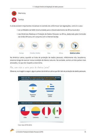 2 - Evolução histórica da legislação de dados pessoais
Lei Geral de Proteção de Dados Pessoais (LGPD)	 26
Marrocos,
Tunísia.
E ainda existem importantes iniciativas no sentido de uniformizar tais legislações, como é o caso:
	
Ÿ da Lei Modelo da SADC (Comunidade para o Desenvolvimento da África Austral) e
	
Ÿ das Diretrizes Relativas à Proteção de Dados Pessoais na África, elaborada pela Comissão
da União Africana, em conjunto com a Internet Society.
Ásia
Estados Unidos
Europa África América Latina
Na América Latina, quando se trata de proteção de dados pessoais, infelizmente nós, brasileiros,
estamos longe de exercer nossa condição de líderes naturais. Na verdade, somos um dos países mais
atrasados, no que diz respeito a esse tema.
Mas, como estão os outros países da América Latina?
Observe, na imagem a seguir, alguns países da América Latina que têm leis de proteção de dados pessoais.
PAÍSES QUE TÊM LEIS GERAIS DE PROTEÇÃO DE DADOS PESSOAIS, INCLUSIVE,
HOMOLOGADAS PELA UNIÃO EUROPEIA COMO EQUIVALENTES À GDPR
PAÍSES QUE POSSUEM LEIS PRÓPRIAS PARA TRATAR DOS DADOS PESSOAIS
Argentina
(2000)
Uruguai
(2009)
Chile Colômbia Peru México
Fonte: Senac SETED (2019).
 
