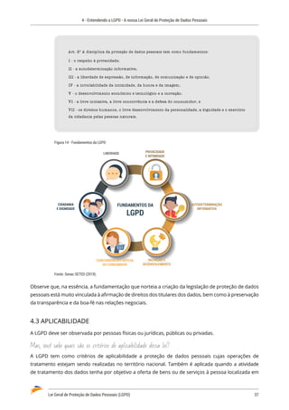 4 - Entendendo a LGPD - A nossa Lei Geral de Proteção de Dados Pessoais
Lei Geral de Proteção de Dados Pessoais (LGPD)	 37
Art. 2º A disciplina da proteção de dados pessoais tem como fundamentos:
I - o respeito à privacidade;
II - a autodeterminação informativa;
III - a liberdade de expressão, de informação, de comunicação e de opinião;
IV - a inviolabilidade da intimidade, da honra e da imagem;
V - o desenvolvimento econômico e tecnológico e a inovação;
VI - a livre iniciativa, a livre concorrência e a defesa do consumidor; e
VII - os direitos humanos, o livre desenvolvimento da personalidade, a dignidade e o exercício
da cidadania pelas pessoas naturais.
Figura 14 - Fundamentos da LGPD
FUNDAMENTOS DA
LGPD
CIDADANIA
E DIGNIDADE
PRIVACIDADE
E INTIMIDADE
LIBERDADE
AUTODETERMINAÇÃO
INFORMATIVA
CONCORRÊNCIA E DEFESA
DO CONSUMIDOR
INOVAÇÃO E
DESENVOLVIMENTO
Fonte: Senac SETED (2019).
Observe que, na essência, a fundamentação que norteia a criação da legislação de proteção de dados
pessoais está muito vinculada à afirmação de direitos dos titulares dos dados, bem como à preservação
da transparência e da boa-fé nas relações negociais.
4.3 APLICABILIDADE
A LGPD deve ser observada por pessoas físicas ou jurídicas, públicas ou privadas.
Mas, você sabe quais são os critérios de aplicabilidade dessa lei?
A LGPD tem como critérios de aplicabilidade a proteção de dados pessoais cujas operações de
tratamento estejam sendo realizadas no território nacional. Também é aplicada quando a atividade
de tratamento dos dados tenha por objetivo a oferta de bens ou de serviços à pessoa localizada em
 