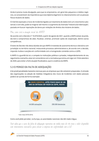 5 - O impacto da LGPD nas relações negociais
Lei Geral de Proteção de Dados Pessoais (LGPD)	 55
Ainda é preciso muita divulgação, para que os empresários, em geral dos pequenos e médios negó�
cios, se conscientizem da importância que esse diploma legal terá no relacionamento com as pessoas
físicas titulares de dados.
O nível de exposição a riscos de incidentes ligados ao tratamento de dados terá um crescimento subs�
tancial, e com eles, pode-se imaginar até mesmo o surgimento da chamada “indústria da indenização”,
pautada em buscar reparações de danos por violações de direitos dos titulares de dados.
Mas, como será a atuação inicial da ANPD?
De acordo com o Decreto n° 10.474/2020, a partir de agosto de 2021, quando a ANPD estiver atuando,
ela terá o compromisso de zelar, fiscalizar, orientar, promover ações de cooperação, dentre outras
competências.
O texto do Decreto não deixa dúvidas de que ANPD é investida de autonomia técnica e decisória com
jurisidição no território nacional, instaurando processos administrativos e, de acordo com a decisão,
impondo multas e sanções em conformidade com a transgressão cometida contra a LGPD.
A ANPD é a guardiã da Lei, e compete às instituições públicas e privadas, independentemente do seu
seguimento e tamanho, estar em consonância com a normativa que entrou em vigor em 18 de setembro
de 2020, para evitar a forte atuação fiscalizadora, que é a essência da ANPD.
5.3 O PERIGO DA FALTA DE ADEQUAÇÃO
A lei prevê penalidades bastante onerosas para as empresas que não estiverem preparadas. A omissão
das organizações na adoção de medidas mitigadoras dos riscos de incidentes com dados pessoais
poderá ser punida de forma exemplar.
NA UNIÃO EUROPEIA, APÓS POUCO MAIS DE UM
ANO DA ENTRADA EM VIGOR DA GDPR, HOUVE:
200.000 denúncias
64.000 autuações
Fonte: Senac SETED (2019).
Como você pôde perceber, na Europa, as autoridades nacionais não têm dado trégua.
Você sabia que o custo da falta de adequação representa em média mais de três vezes o valor dispendido
com investimentos necessários para colocar a empresa em conformidade com a lei?
 