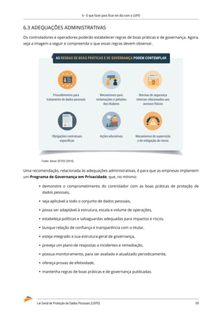 6 - O que fazer para ficar em dia com a LGPD
Lei Geral de Proteção de Dados Pessoais (LGPD)	 59
6.3 ADEQUAÇÕES ADMINISTRATIVAS
Os controladores e operadores poderão estabelecer regras de boas práticas e de governança. Agora,
veja a imagem a seguir e compreenda o que essas regras devem observar.
AS REGRAS DE BOAS PRÁTICAS E DE GOVERNANÇA PODEM CONTEMPLAR
Normas de segurança
internas relacionadas aos
acessos físicos
Procedimentos para
tratamento de dados pessoais
Obrigações contratuais
especíﬁcas
Mecanismos de supervisão
e de mitigação de riscos
Ações educativas
Mecanismos para
reclamações e petições
dos titulares
Fonte: Senac SETED (2019).
Uma recomendação, relacionada às adequações administrativas, é para que as empresas implantem
um Programa de Governança em Privacidade, que, no mínimo:
	
Ÿ demonstre o comprometimento do controlador com as boas práticas de proteção de
dados pessoais,
	
Ÿ seja aplicável a todo o conjunto de dados pessoais,
	
Ÿ possa ser adaptável à estrutura, escala e volume de operações,
	
Ÿ estabeleça políticas e salvaguardas adequadas para impactos e riscos,
	
Ÿ busque relação de confiança e transparência com o titular,
	
Ÿ esteja integrado a sua estrutura geral de governança,
	
Ÿ preveja um plano de respostas a incidentes e remediação,
	
Ÿ possua monitoramento, para ser avaliado e atualizado periodicamente,
	
Ÿ ofereça provas de efetividade,
	
Ÿ mantenha regras de boas práticas e de governança publicadas.
 