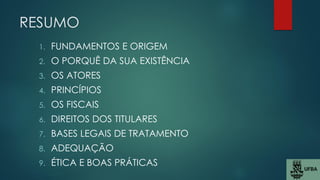 RESUMO
1. FUNDAMENTOS E ORIGEM
2. O PORQUÊ DA SUA EXISTÊNCIA
3. OS ATORES
4. PRINCÍPIOS
5. OS FISCAIS
6. DIREITOS DOS TITULARES
7. BASES LEGAIS DE TRATAMENTO
8. ADEQUAÇÃO
9. ÉTICA E BOAS PRÁTICAS
 