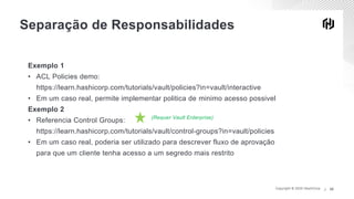 Copyright © 2020 HashiCorp ∕Copyright © 2020 HashiCorp ∕ 20
Exemplo 1
• ACL Policies demo:
https://learn.hashicorp.com/tutorials/vault/policies?in=vault/interactive
• Em um caso real, permite implementar politica de minimo acesso possivel
Exemplo 2
• Referencia Control Groups:
https://learn.hashicorp.com/tutorials/vault/control-groups?in=vault/policies
• Em um caso real, poderia ser utilizado para descrever fluxo de aprovação
para que um cliente tenha acesso a um segredo mais restrito
Separação de Responsabilidades
(Requer Vault Enterprise)
 